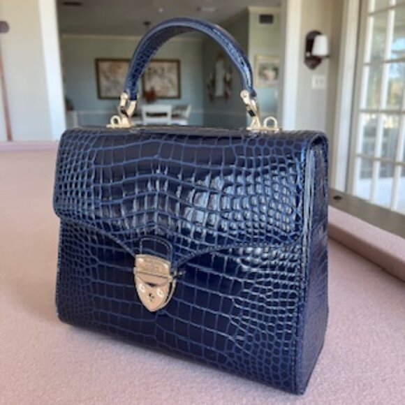 Aspinal of London Mayfair Midnight Blue Patent Croc Top Handle Handbag Purse Bag - Picture 1 of 9